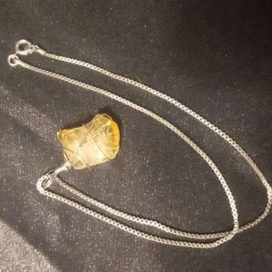 Natural Citrine stone pendant necklace 14 in. Long stainless necklace.